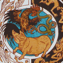 Los tres venenos: apego (gallo), odio (serpiente), ignorancia (cerdo)